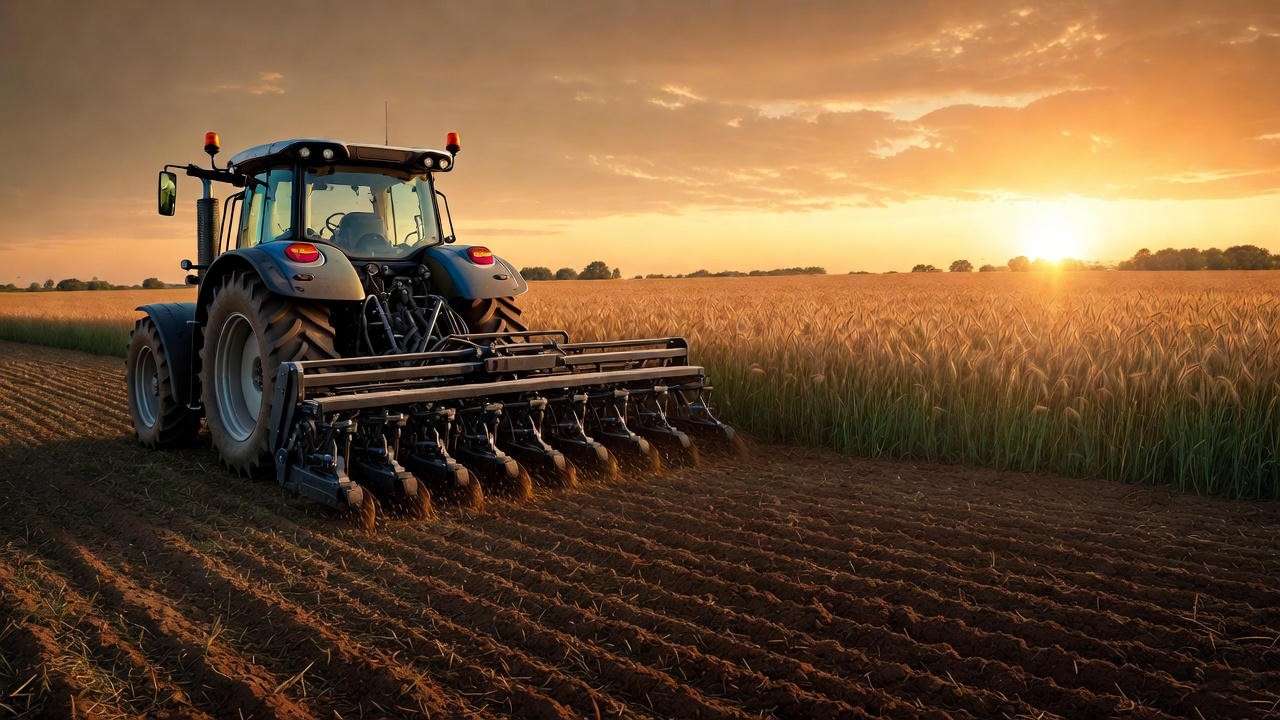 Tractor planting wheat seeds for planting in a prepared field at sunset, showcasing modern wheat farming techniques.
