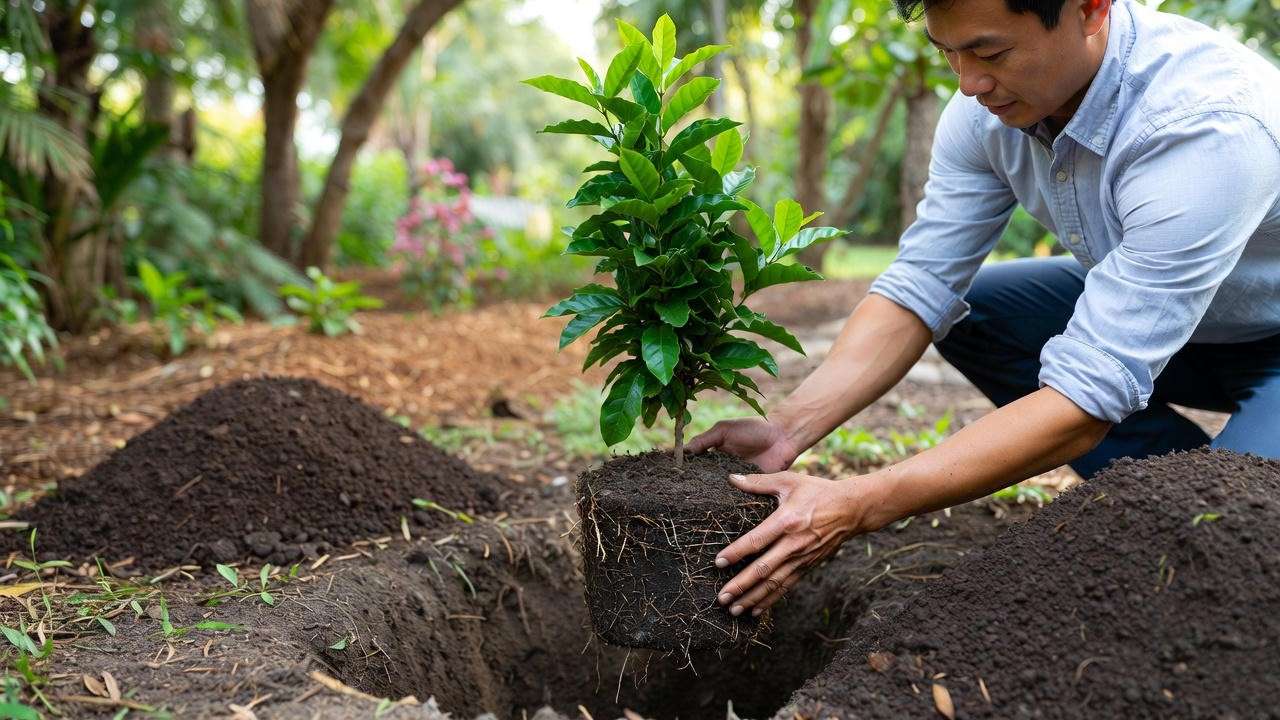 “Gardener planting a young coffee berry tree into a prepared planting hole.”
