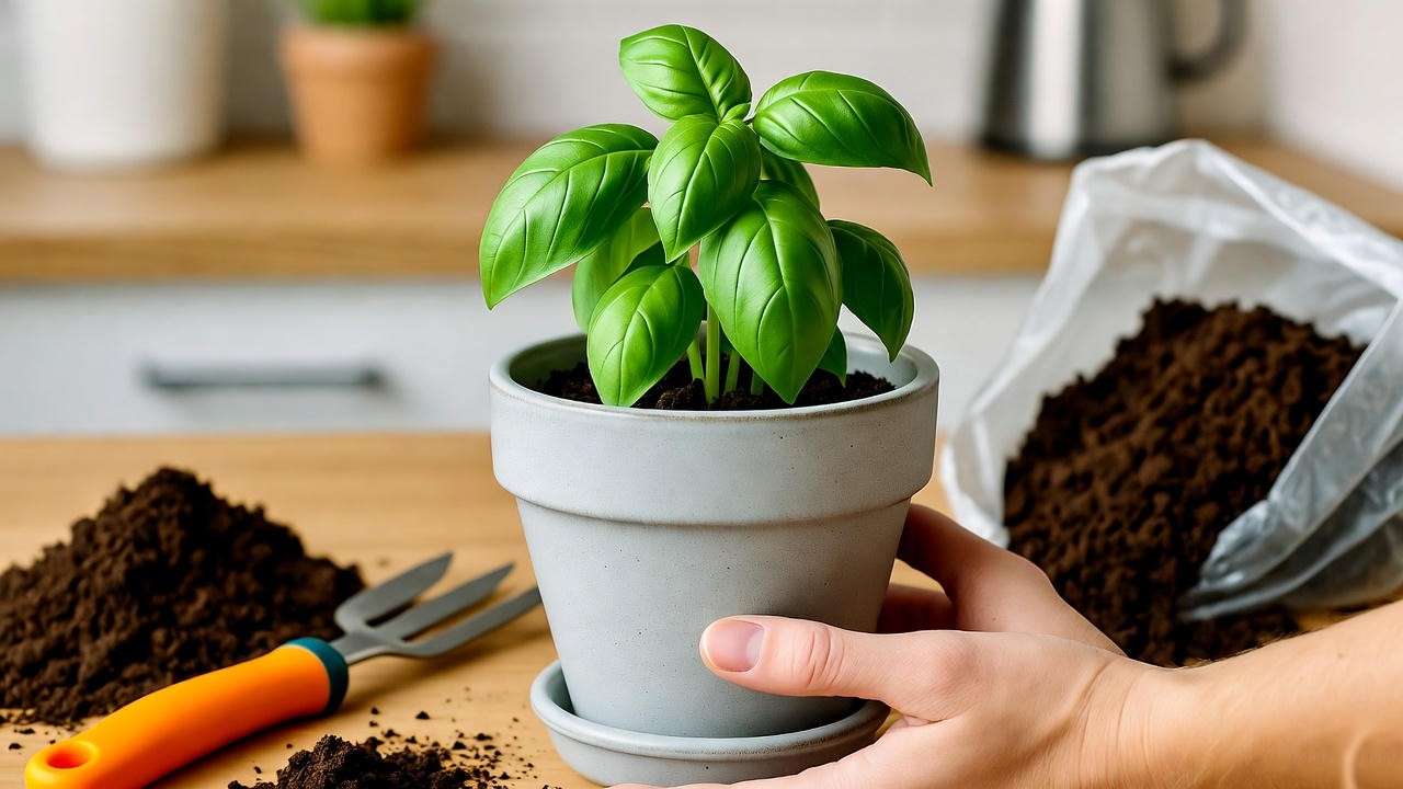 Hands setting up a ceramic Milo Planter with soil and a basil plant on a bright kitchen counter.