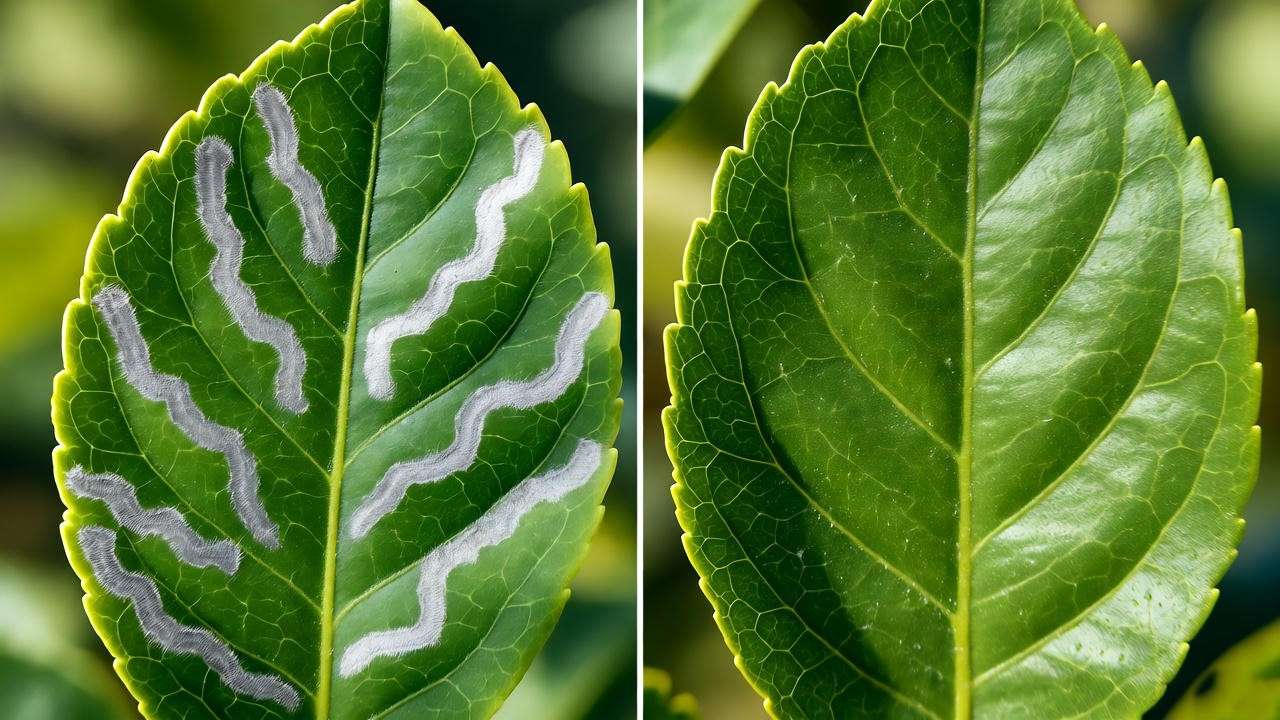 citrus leafminer damage vs healthy eureka lemon leaf