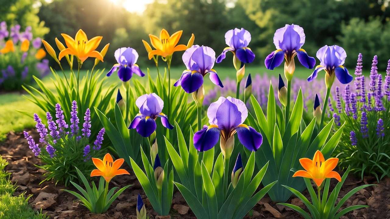 Vibrant iris garden with companion plants, showcasing healthy blooms enhanced by proper fertilizer for iris plants. 