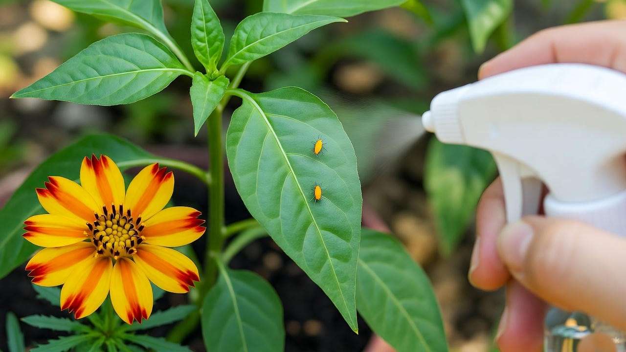 Close-up of a small red pepper plant leaf with aphids, being sprayed with neem oil, next to a blooming marigold in a garden setting.