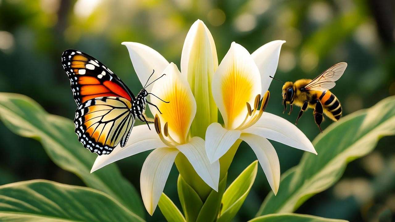  Butterfly and bee pollinating Hawaii ginger plant flowers in a tropical garden. 