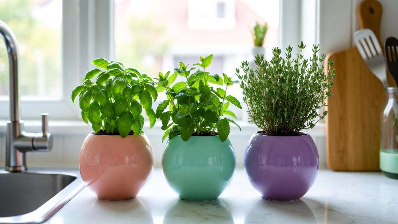 Pastel ceramic globe planter set with basil, mint, and thyme on a kitchen countertop, perfect for indoor herb gardening. 