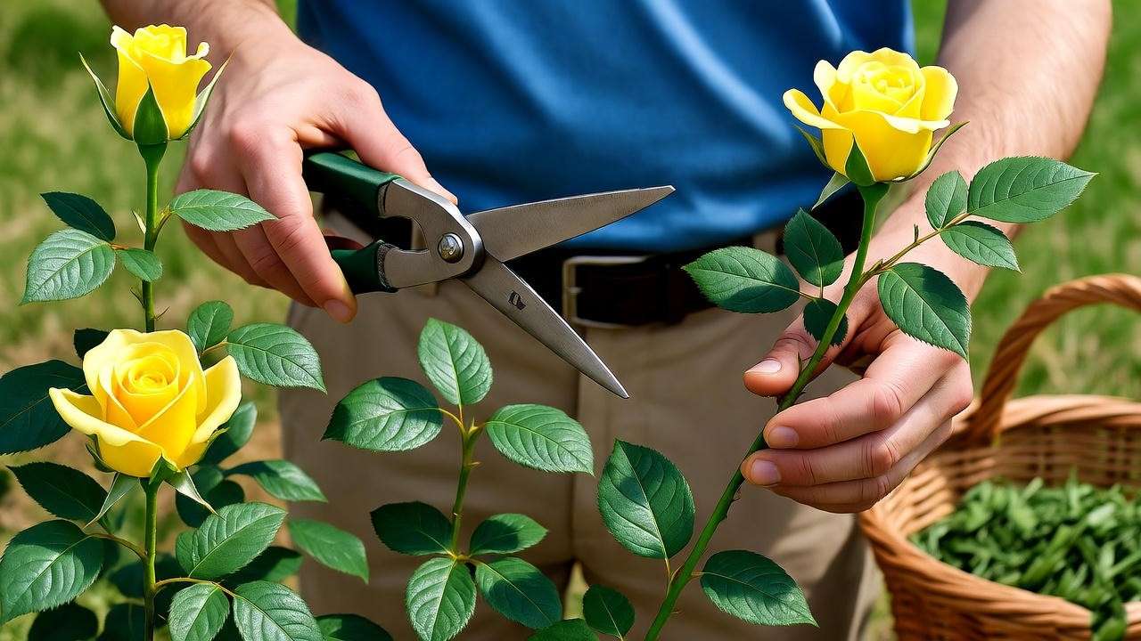 Gardener pruning yellow rose bush with shears and clippings basket." 