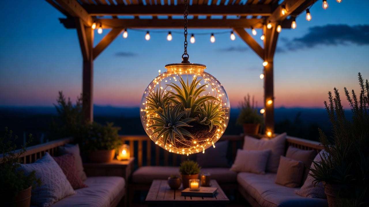 Glass globe planter with air plants and fairy lights hanging on a cozy patio, creating a warm, inviting evening glow. 