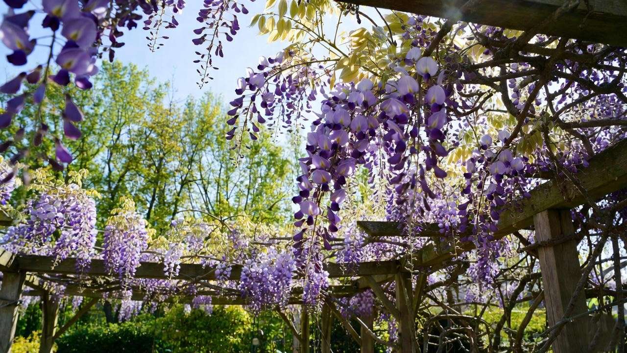 Cascading purple wisteria blooms over a wooden pergola in a romantic garden with lush greenery and a clear sky.