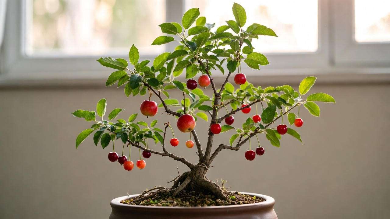 Multi-fruit bonsai tree with apples and cherries in a ceramic pot in an indoor setting.
