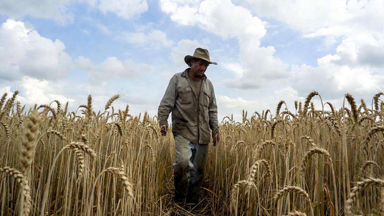 Farmer inspecting mature wheat crop in a field, highlighting success from choosing the best wheat seeds for planting.
