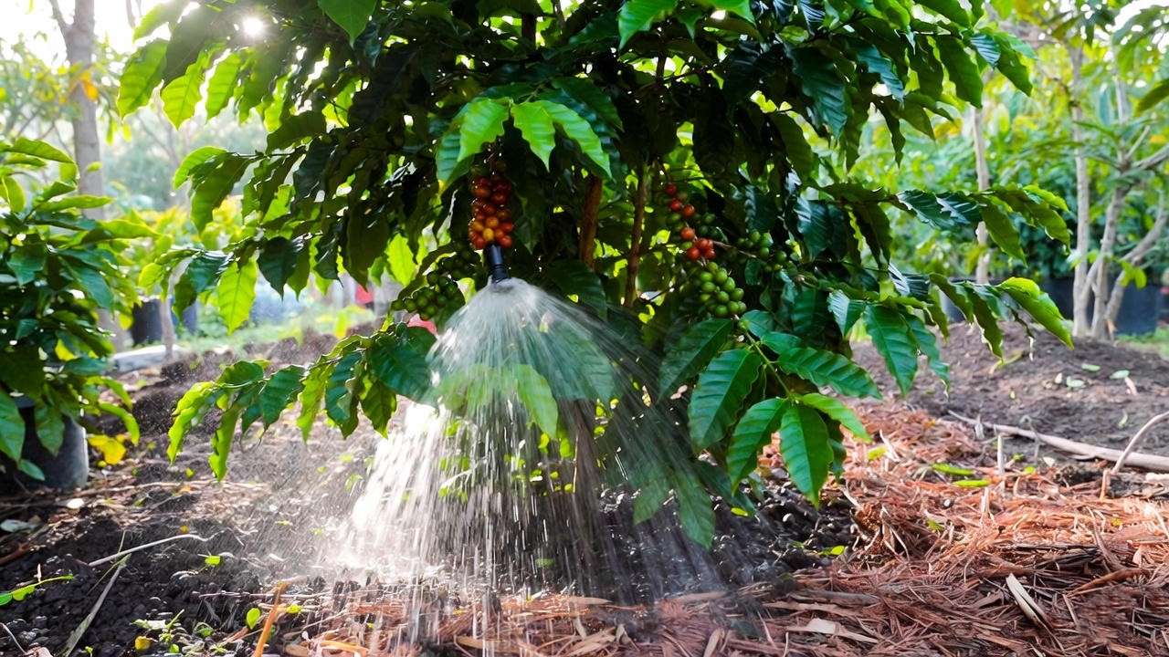  “Coffee berry tree receiving deep watering at the base for optimal care.”
