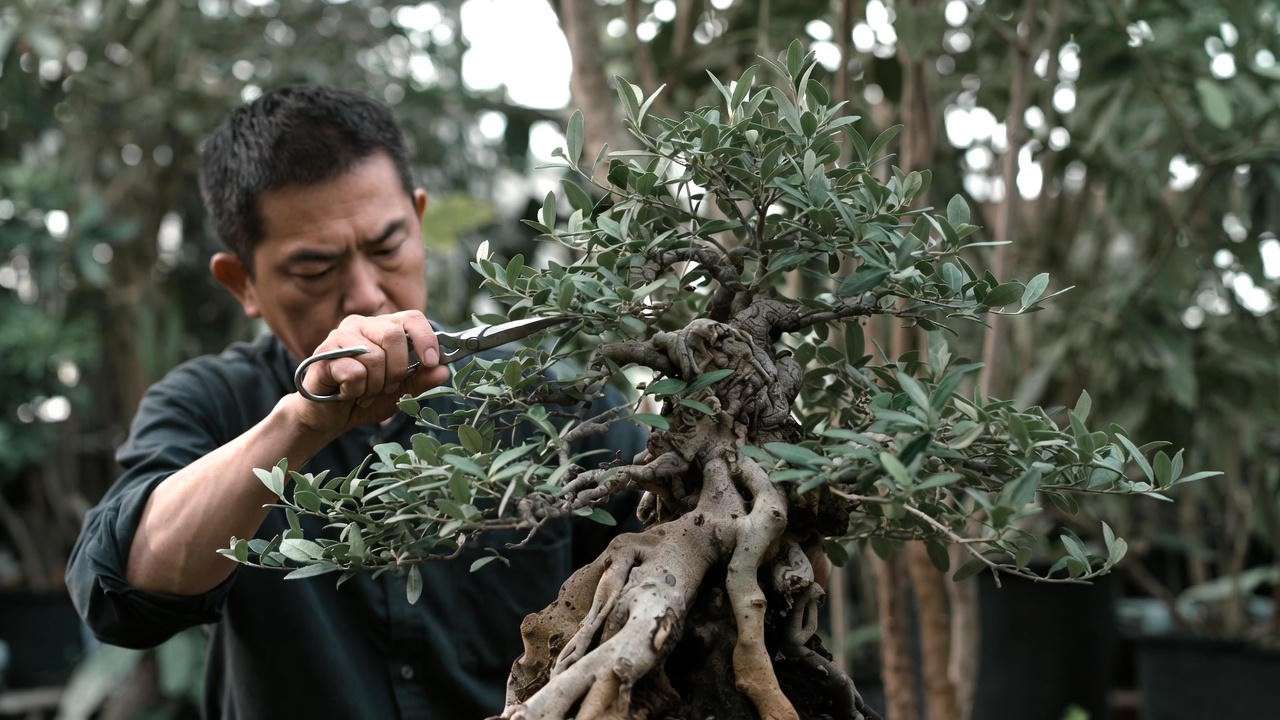 “Bonsai artist pruning a wild olive bonsai to shape its branches.” 