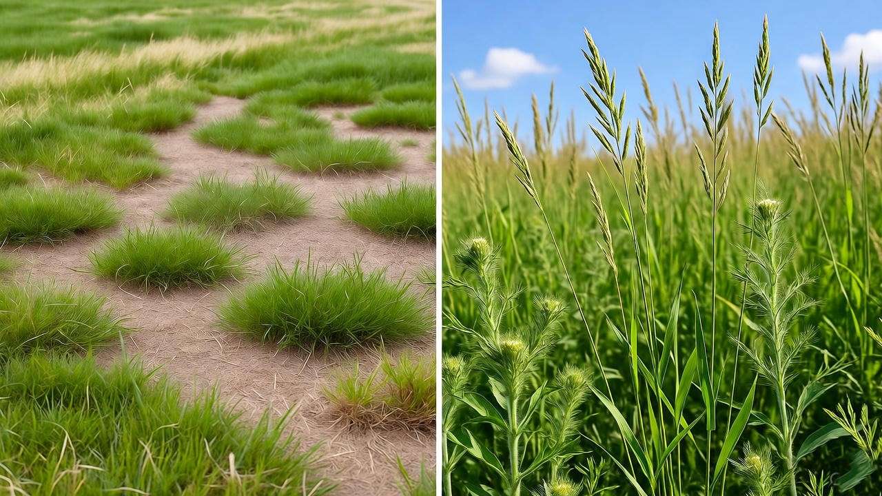 Before-and-after view of a lawn transformed with native grass plants, showing a lush, eco-friendly landscape versus a dry traditional lawn.