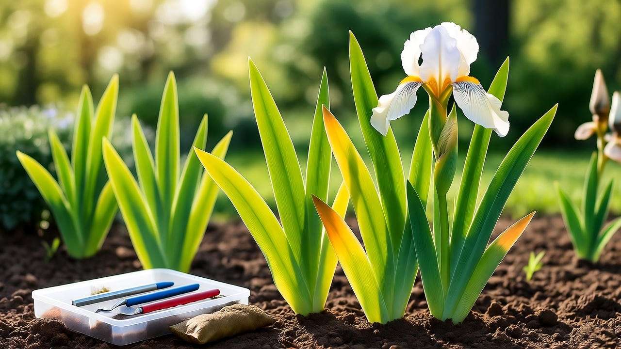 Iris plant with yellowing leaves next to a soil testing kit, illustrating troubleshooting for fertilizer for iris plants. 