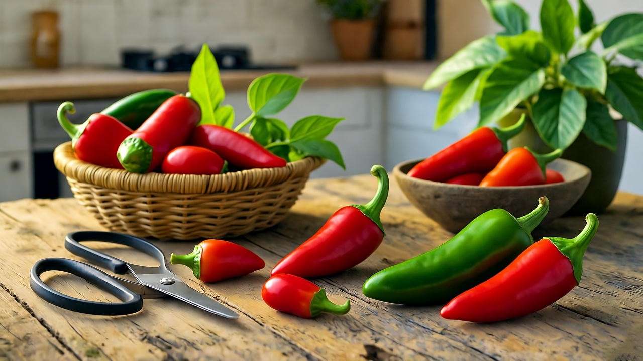 Basket of freshly harvested small red peppers on a wooden table, with garden scissors and green leaves in a cozy kitchen setting.