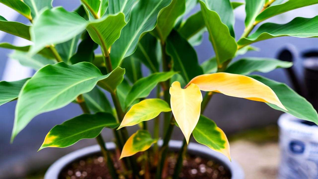 Hawaii ginger plant with yellowing leaves in a garden setting, highlighting care needs. 