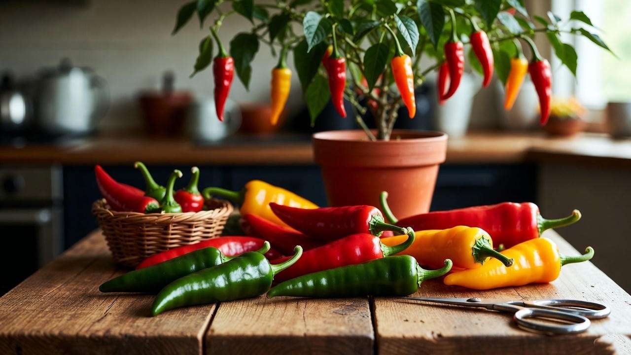 Freshly harvested red, green, and yellow chillies on a wooden table with a potted chilli plant in a bright kitchen.
