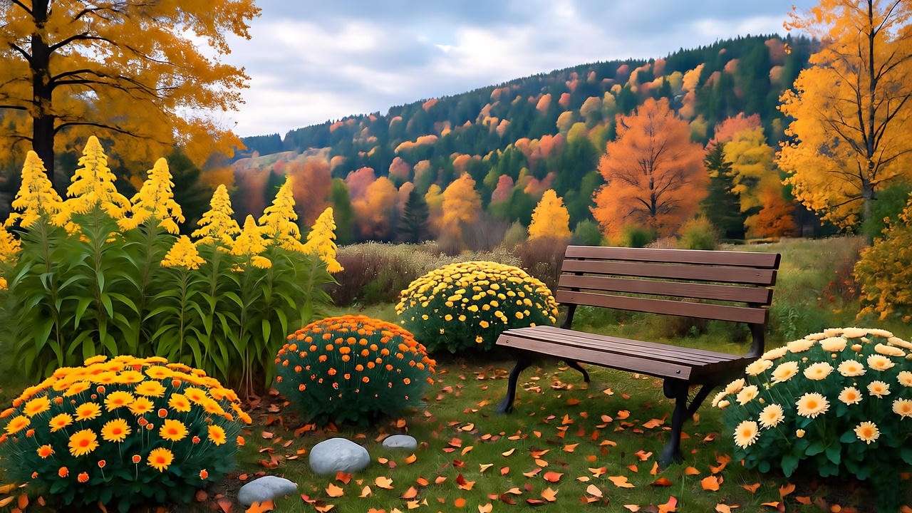 Fall garden with yellow goldenrod, chrysanthemums, and wooden bench." 