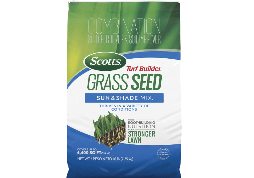 Scotts Turf Builder Grass Seed Sun and Shade Mix with Fertilizer and Soil Improver, Thrives in Many Conditions, 16 lbs.