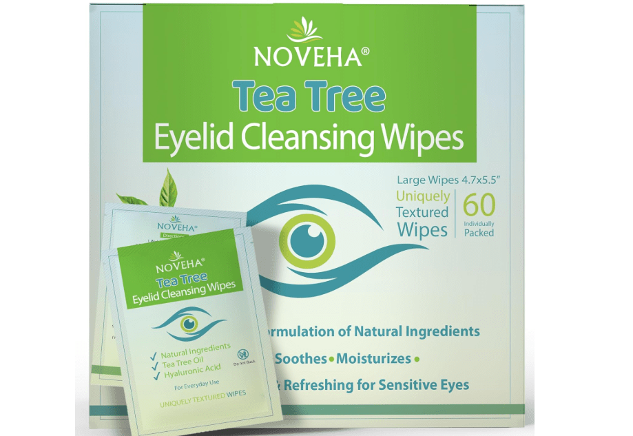  NOVEHA 60PCs Tea Tree Oil Eyelid & Lash Wipes | With Hyaluronic Acid, Green Tea & Chamomile For Blepharitis, Itchy & Stye Eyes, Individually