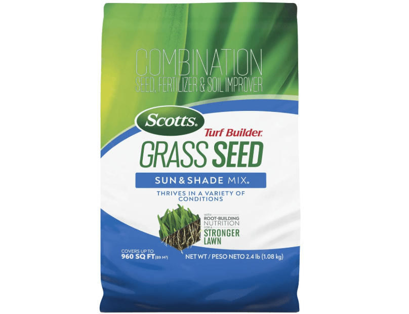 Scotts Turf Builder Grass Seed Sun & Shade Mix with Fertilizer and Soil Improver, Thrives in Many Conditions, 2.4 lbs.