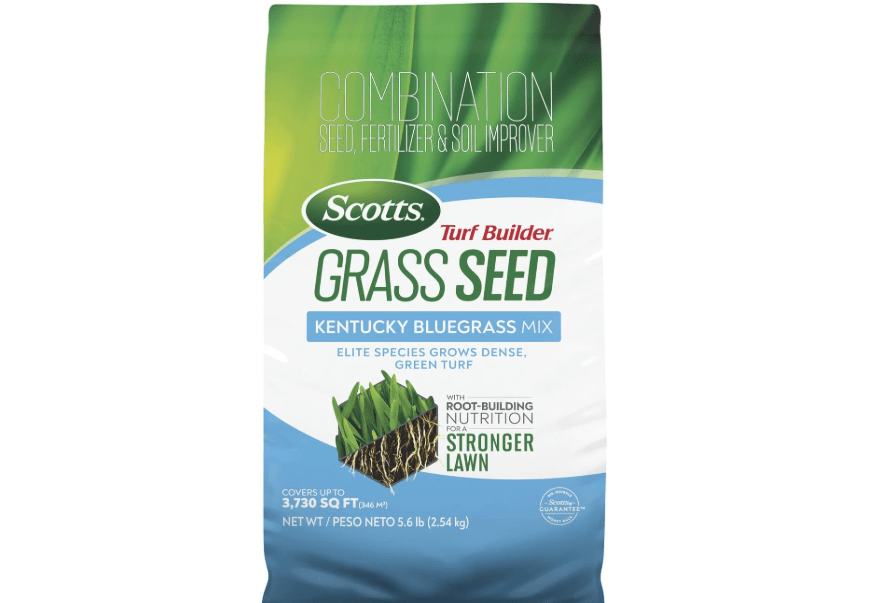 Scotts Turf Builder Grass Seed Kentucky Bluegrass Mix with Fertilizer and Soil Improver, Grows Dense, Green Turf, 5.6 lbs.