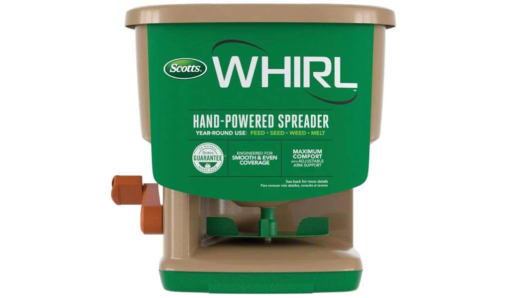 Scotts Whirl Hand-Powered Spreader for Grass Seed, Fertilizer, Salt, Ice Melt, Handheld Spreader Holds up to 1,500 sq. ft. Product