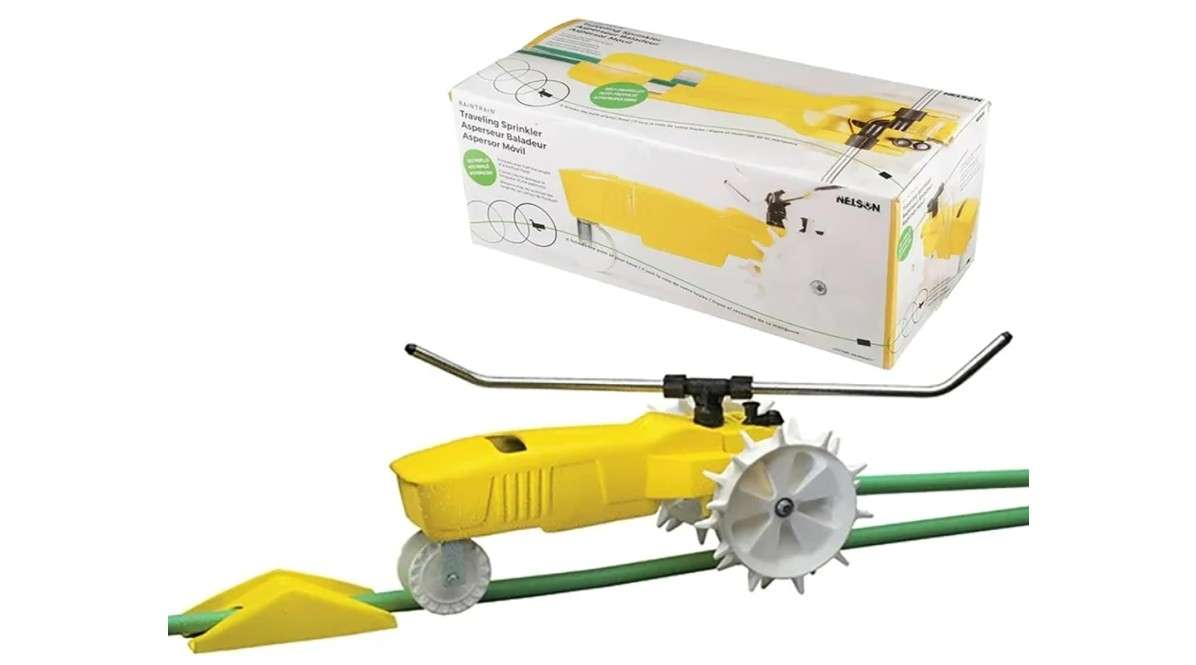Nelson Rain Train 13,500 Square Feet Cast Iron Outdoor Lawn Traveling Water Sprinkler for Yard, and Garden, with Auto Shut Off, Yellow