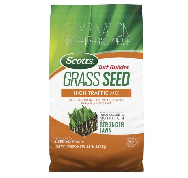 Scotts Turf Builder Grass Seed High Traffic Mix with Fertilizer and Soil Improver, Self-Repairs, 5.6 lbs.