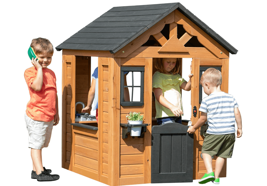 
Backyard Discovery Sweetwater Cedar Wooden Kids Playhouse Cottage with Play Kitchen, Snack Bar, Half Door, Toy Phone, Windows, Flowerpot Holders