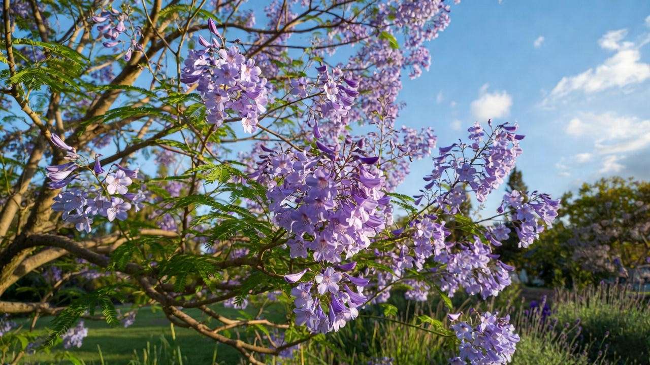 Vibrant Jacaranda purple blossom tree in full bloom with lavender-blue flowers in a sunny garden.
