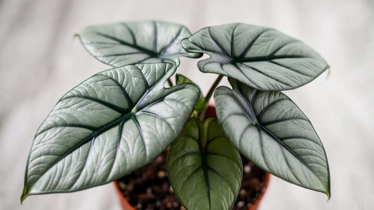 Close-up of a healthy Silver Dragon Plant with silver, textured leaves and dark green veins in a terracotta pot.