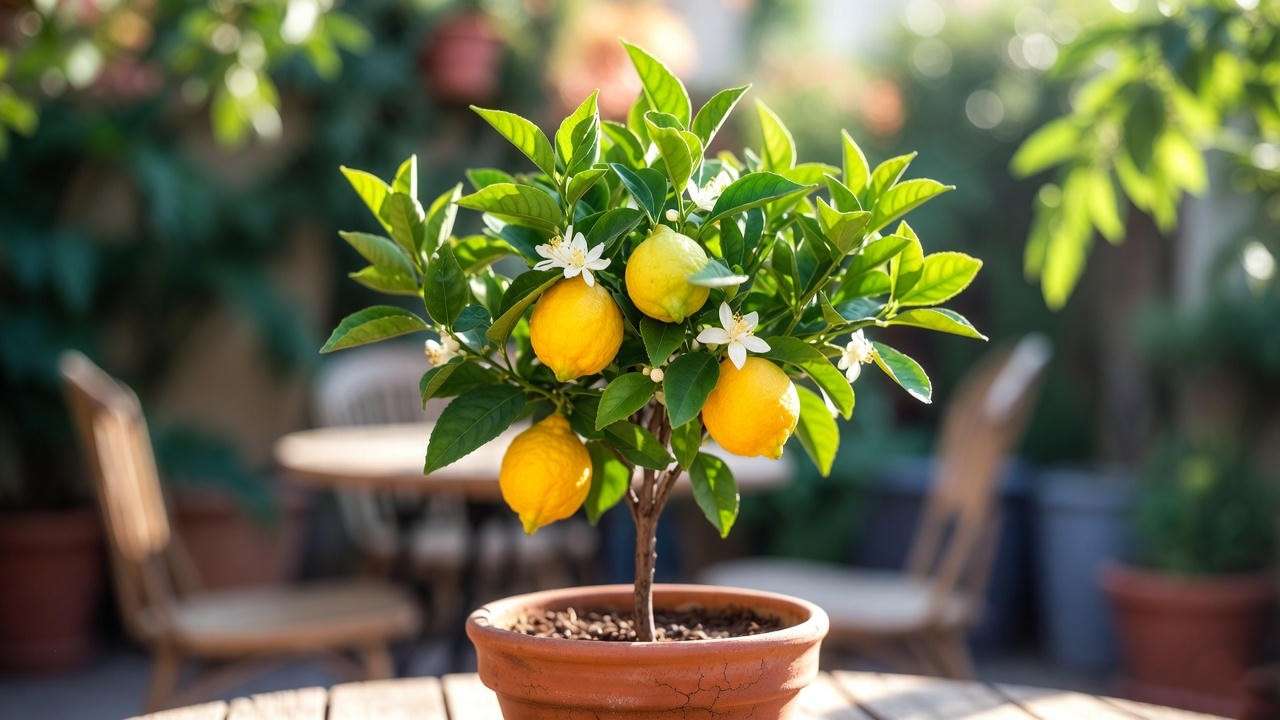 Dwarf Meyer lemon tree in a terracotta pot on a sunny patio, with ripe lemons and green leaves.
