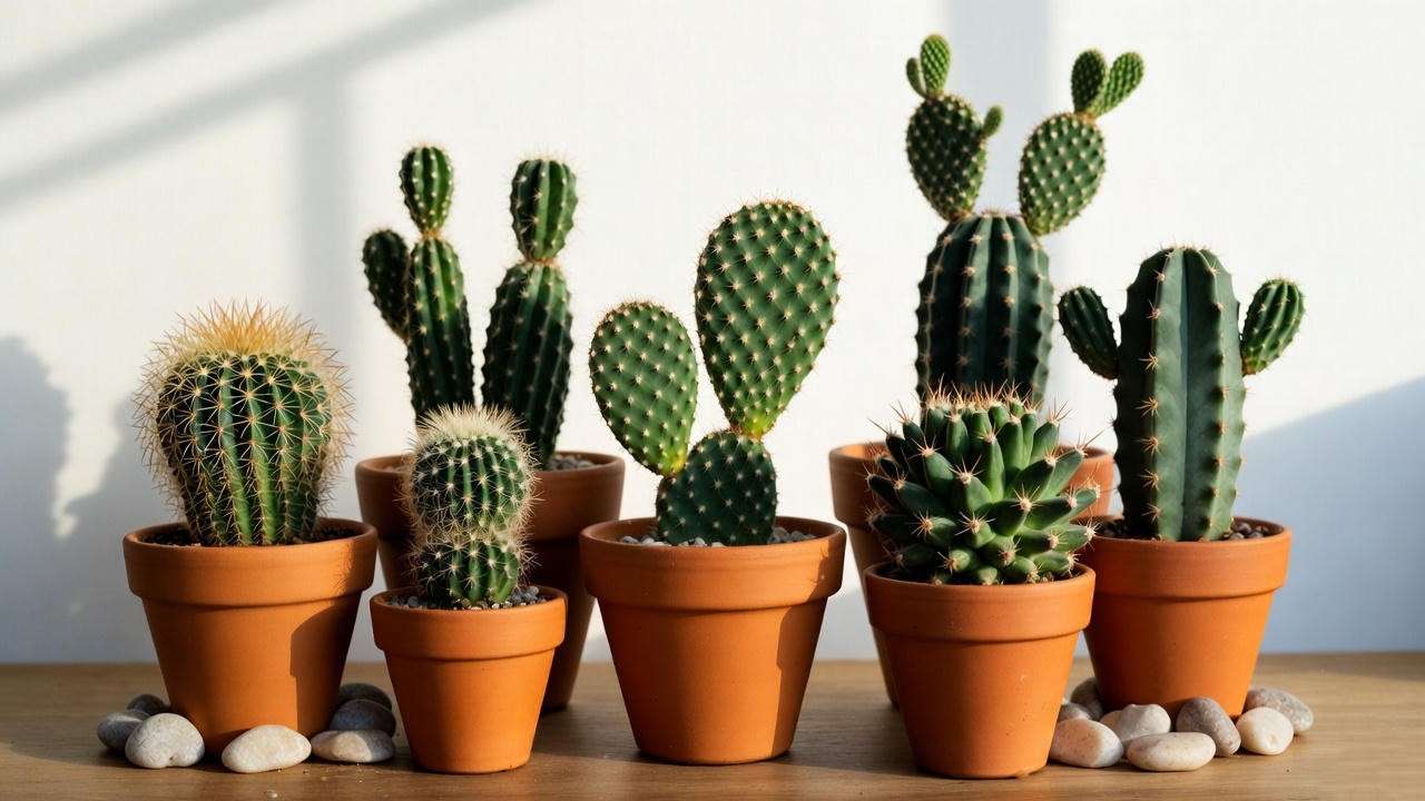 Close-up of five mixed cactus plants in terracotta pots, including Golden Barrel and Mammillaria, on a wooden table with pebbles.
