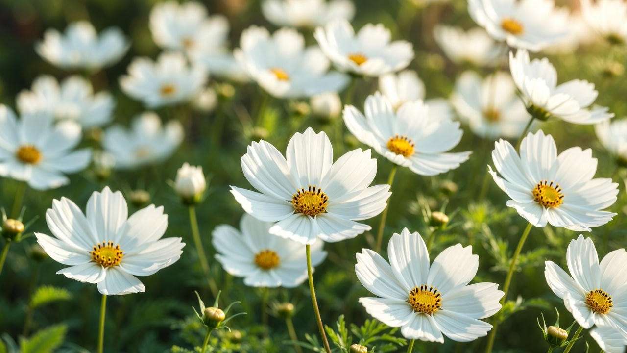 Close-up of cosmos plant white blooms with delicate petals in a sunny garden, highlighting their elegance and pollinator-friendly nature.

