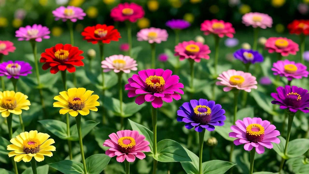 Vibrant zinnia flowers in red, pink, and yellow blooming in a sunny garden border.