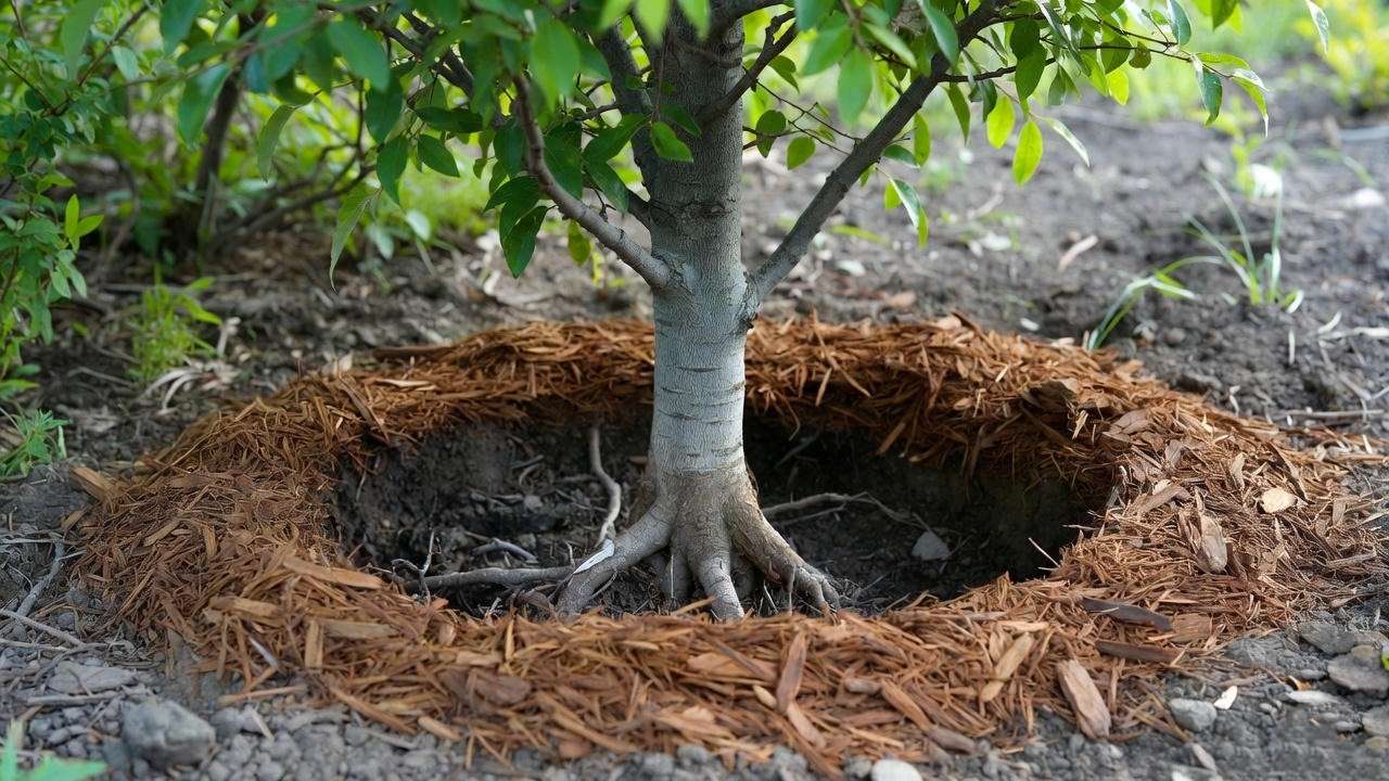 Correct planting depth for a Columnar Maple Tree, showing the critical root flare visible above ground and a proper mulch ring away from the trunk.