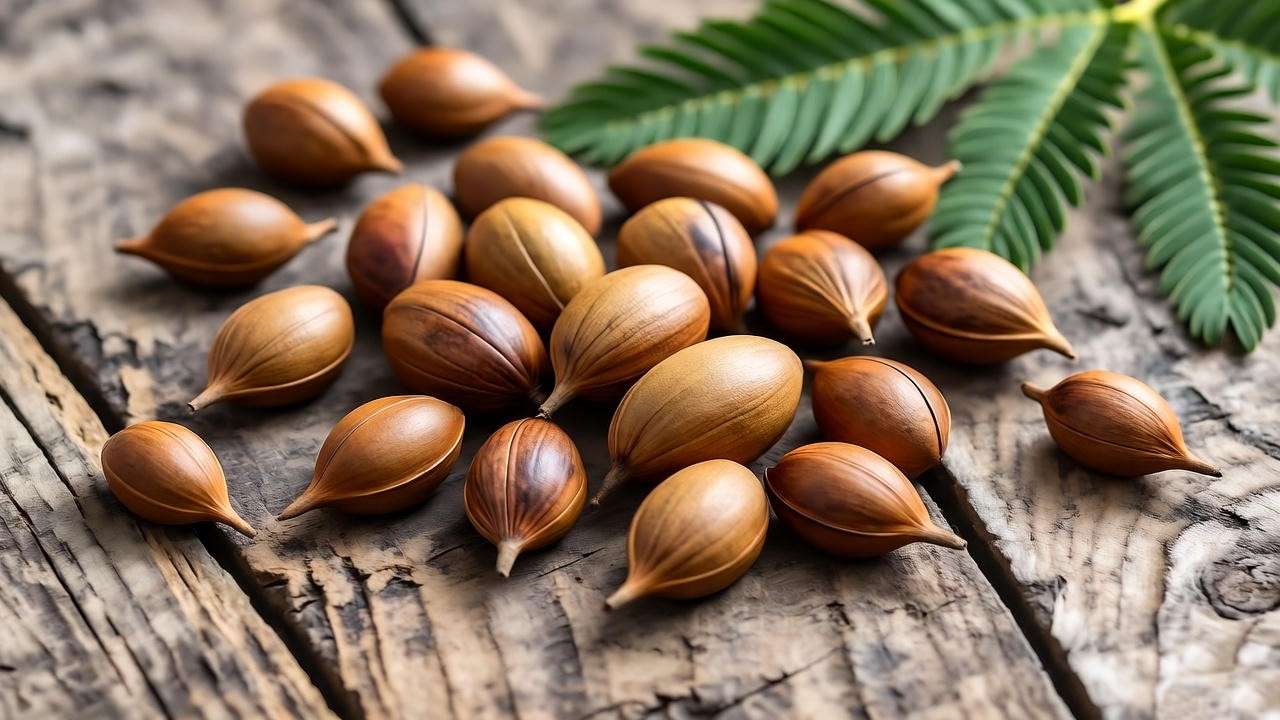  Close-up of mimosa plant seeds on a wooden surface with green leaves in a blurred garden background.
