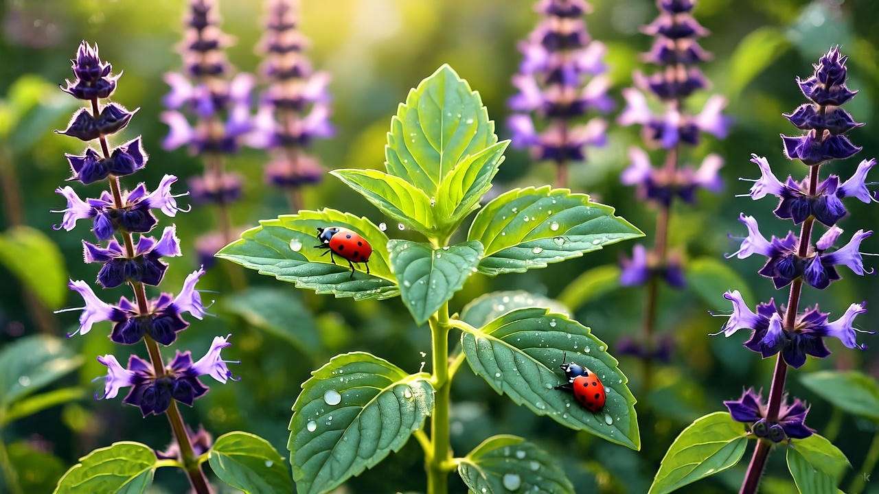 Lemon balm and basil companion planting with ladybugs controlling aphids naturally
