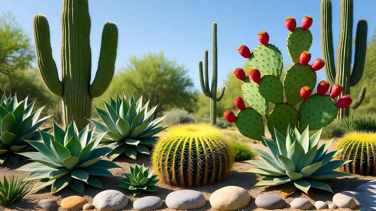 Diverse outdoor cactus plants including Saguaro, Prickly Pear, Barrel Cactus, and Agave in a sunny desert garden with rocks and sandy soil.