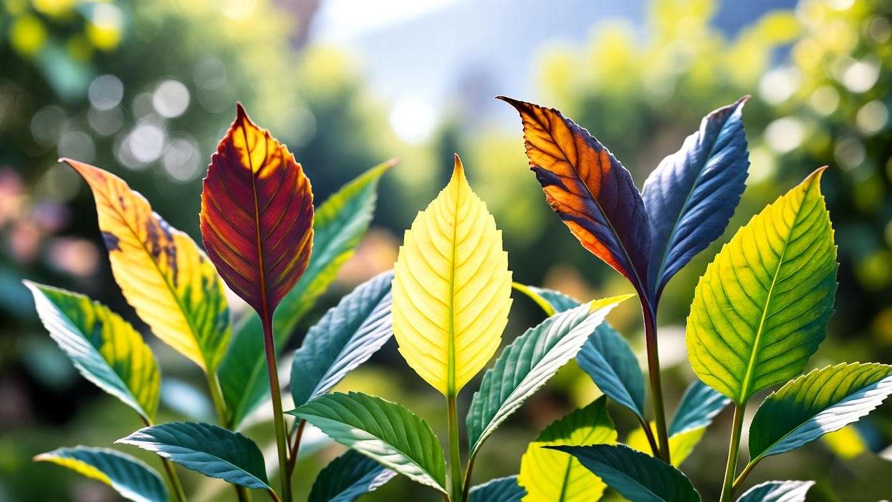 Close-up of plant leaves showing yellowing, purple-tinted, and scorched nutrient deficiency symptoms in a garden setting.