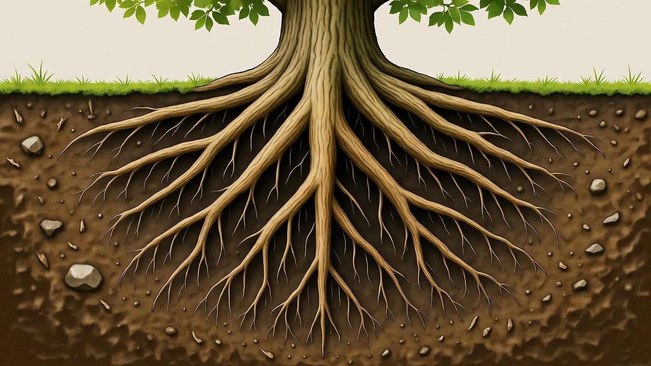 Illustration of a tree’s root system showing structural and feeder roots in soil, highlighting the root zone for tree care education.