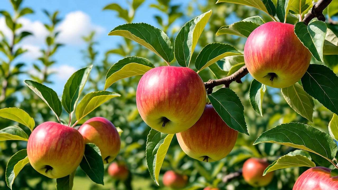 Ripe Cosmic Crisp apples on a tree in a sunny garden, showcasing vibrant red and yellow hues. 