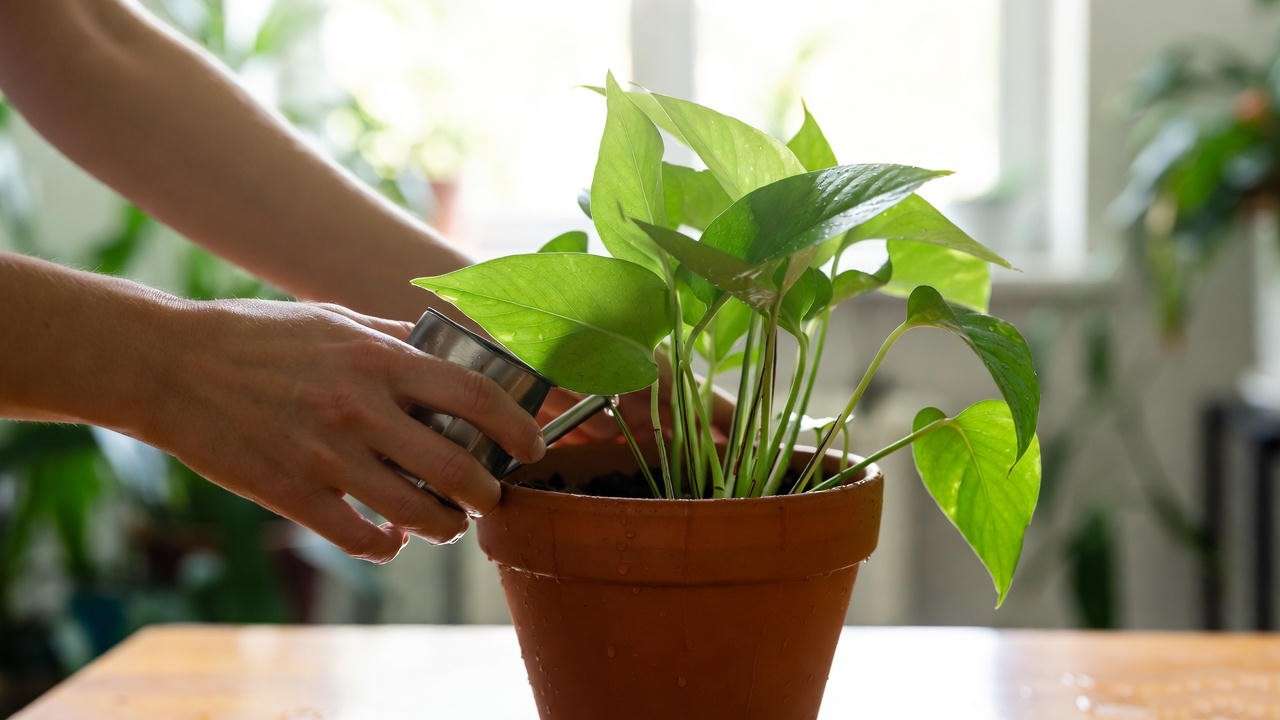  Person watering a green leaf plant in a terracotta pot, showcasing proper houseplant care techniques. 