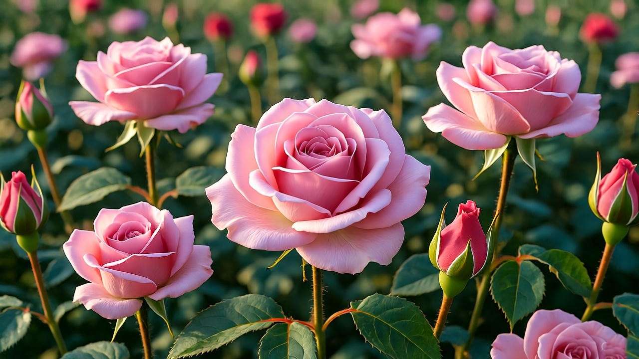 "Close-up of vibrant pink rose varieties in a lush garden, showcasing bloom sizes and stages."