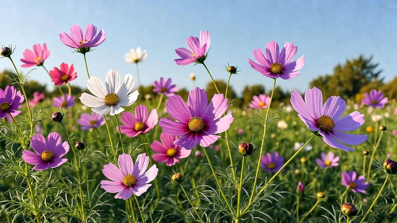 Delicate pink and white cosmos flowers in a wildflower meadow under soft sunlight.