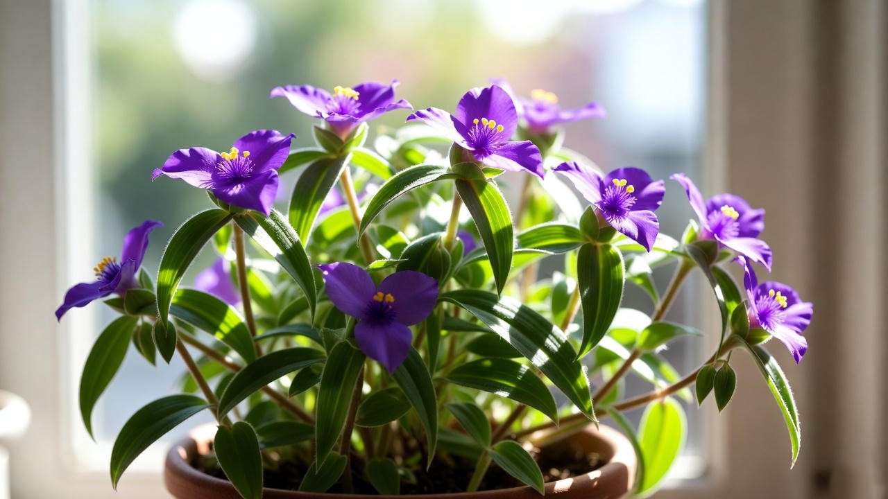 Thriving purple spiderwort plant in a bright room, showcasing its vibrant foliage under indirect window light.