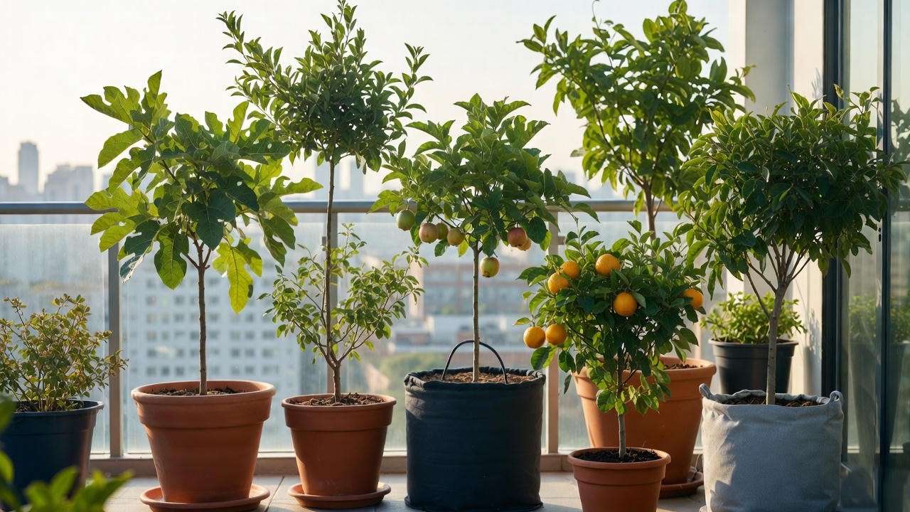 Assorted patio fruit trees in containers on a balcony, featuring figs, apples, and citrus in vibrant pots.

