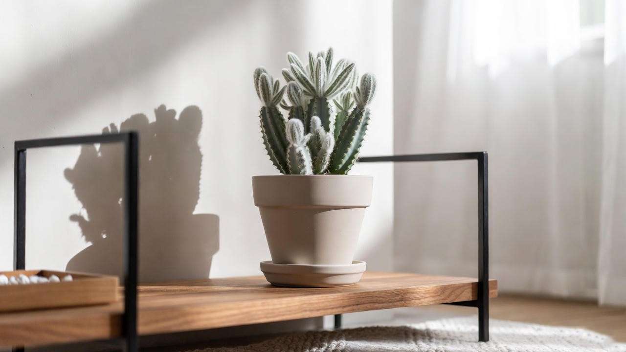 Ghost cactus plant in a white terracotta pot on a minimalist indoor shelf, highlighting its ghostly foliage.