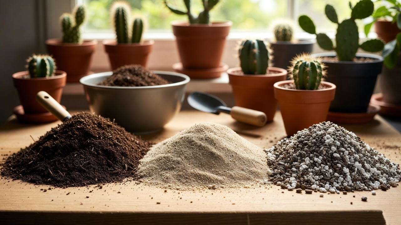 Gardening workbench with potting soil, sand, and perlite for a cactus soil mix, with mixed cactus plants in the background.
