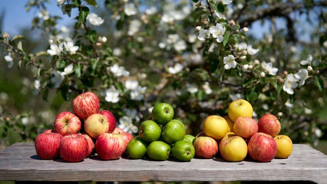 Colorful Honeycrisp, Gala, and Granny Smith apples on a table in an orchard.